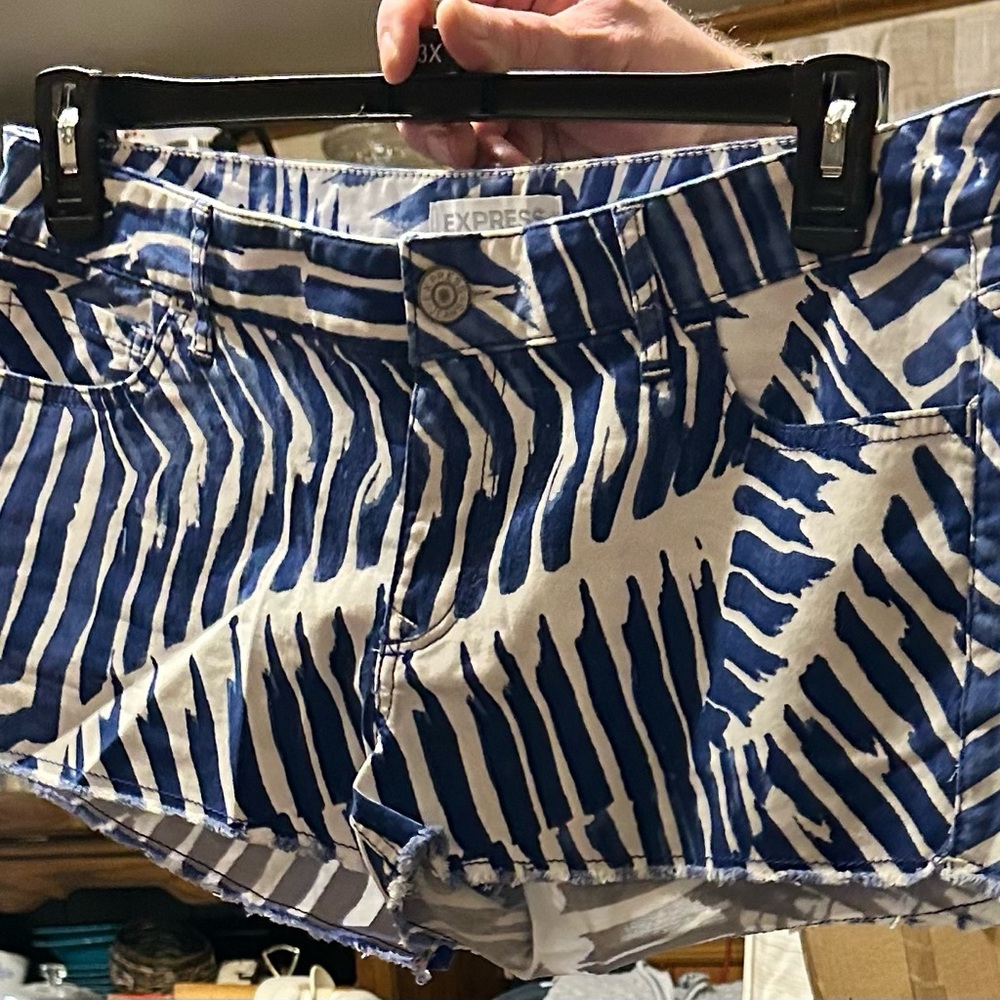 Express Zebra Print Blue and White Jean Shorts